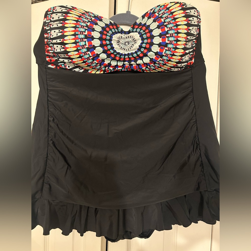 Black Swim Dress with Colorful Patterned Top